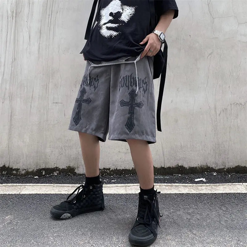 National tide dark cross print casual shorts men's loose hiphop American street hip-hop style five-point pants y2k shorts men - Lootquake