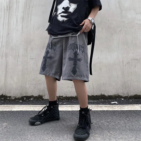 National tide dark cross print casual shorts men's loose hiphop American street hip-hop style five-point pants y2k shorts men - Lootquake