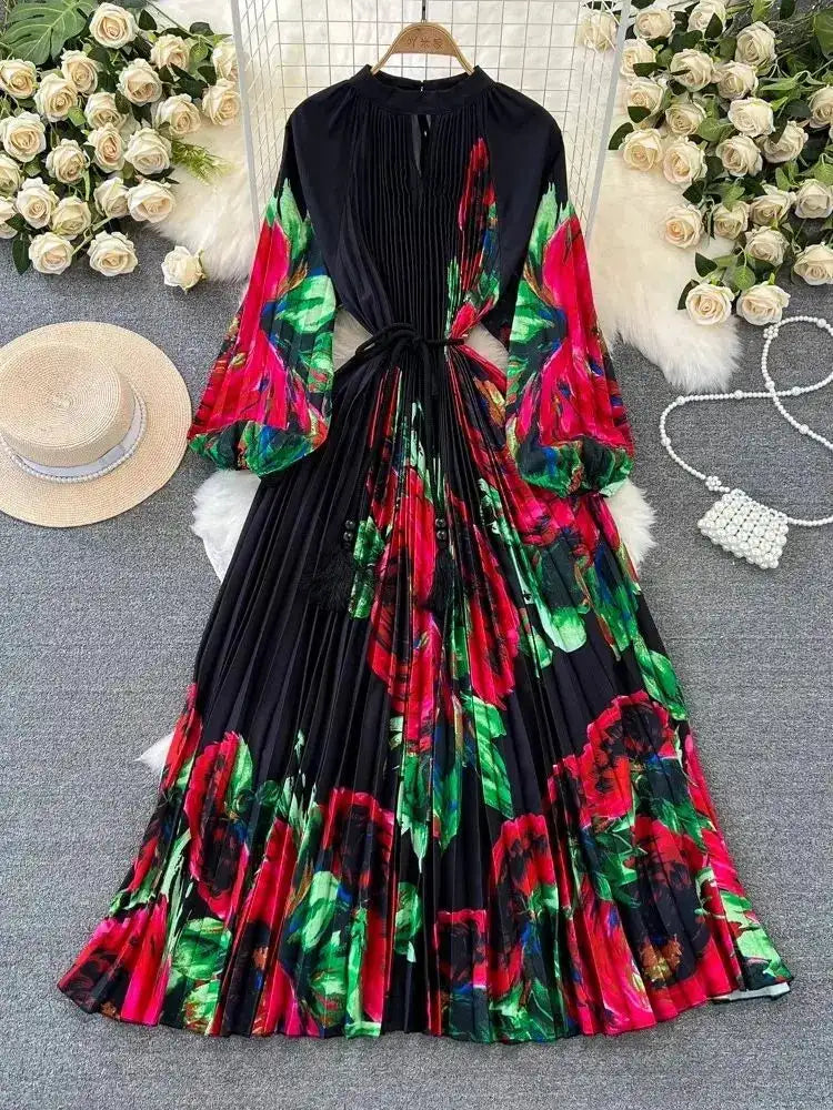 Spring Holiday Print Long Dress For Women Fashion Loose Lantern Sleeve Party Robe Female Big Swing Tassels Belt Pleated Clothes