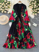 Spring Holiday Print Long Dress For Women Fashion Loose Lantern Sleeve Party Robe Female Big Swing Tassels Belt Pleated Clothes