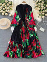 Spring Holiday Print Long Dress For Women Fashion Loose Lantern Sleeve Party Robe Female Big Swing Tassels Belt Pleated Clothes