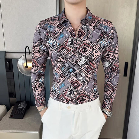 Vintage Long Sleeve Shirt Men Fashion Trendy Noble Printed Slim Mens Clothing Streetwear Autumn Mens Floral Shirts Plus Size 6XL - Lootquake