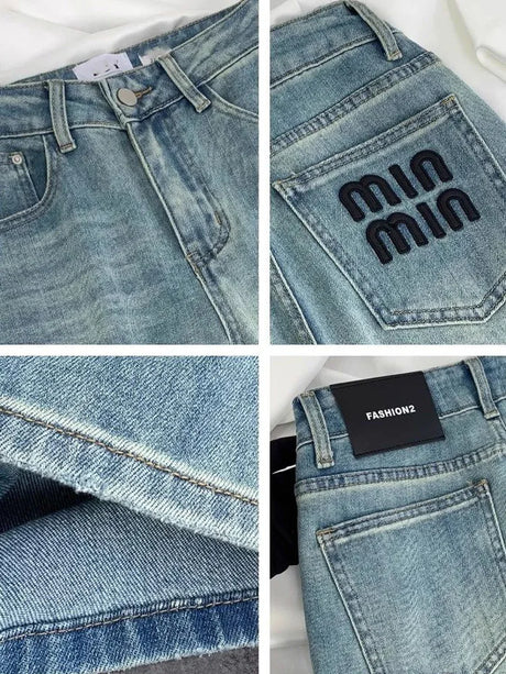 Blue Women Jeans Streetwear Vintage Fashion High Waisted Wide Leg Jean Female Trouser Letter Hip Hop Baggy Blue Denim Pants - Lootquake
