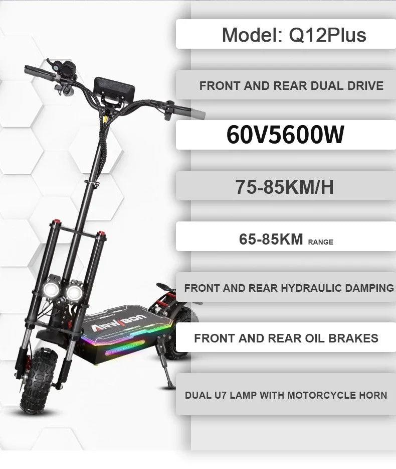 2024 5600W 60v38ah 11-inch off-road vacuum tire electric scooter with maximum speed of 85km/h and cruising range of 90km