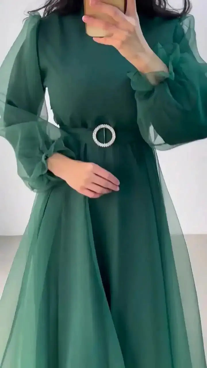 Spring Elegant Mesh Dress Muslim Women Fashion Solid High Waist Mesh Lantern Sleeves Long Dress Women - Lootquake