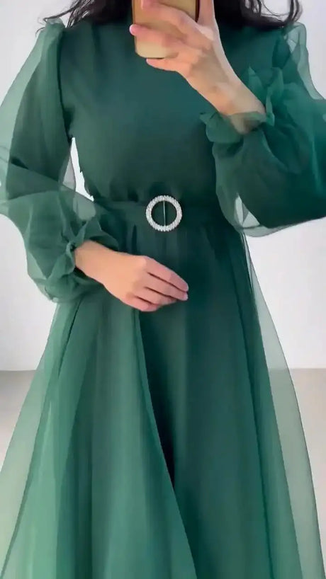 Spring Elegant Mesh Dress Muslim Women Fashion Solid High Waist Mesh Lantern Sleeves Long Dress Women - Lootquake