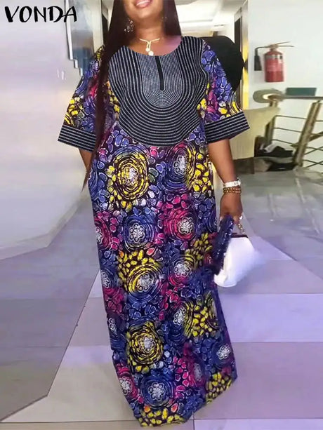 Plus Size Women Maxi Long Dress 2024 VONDA Vintage Half Sleeve Floral Printing Robes Dress Loose Oversize Vestido Streetwear - Lootquake