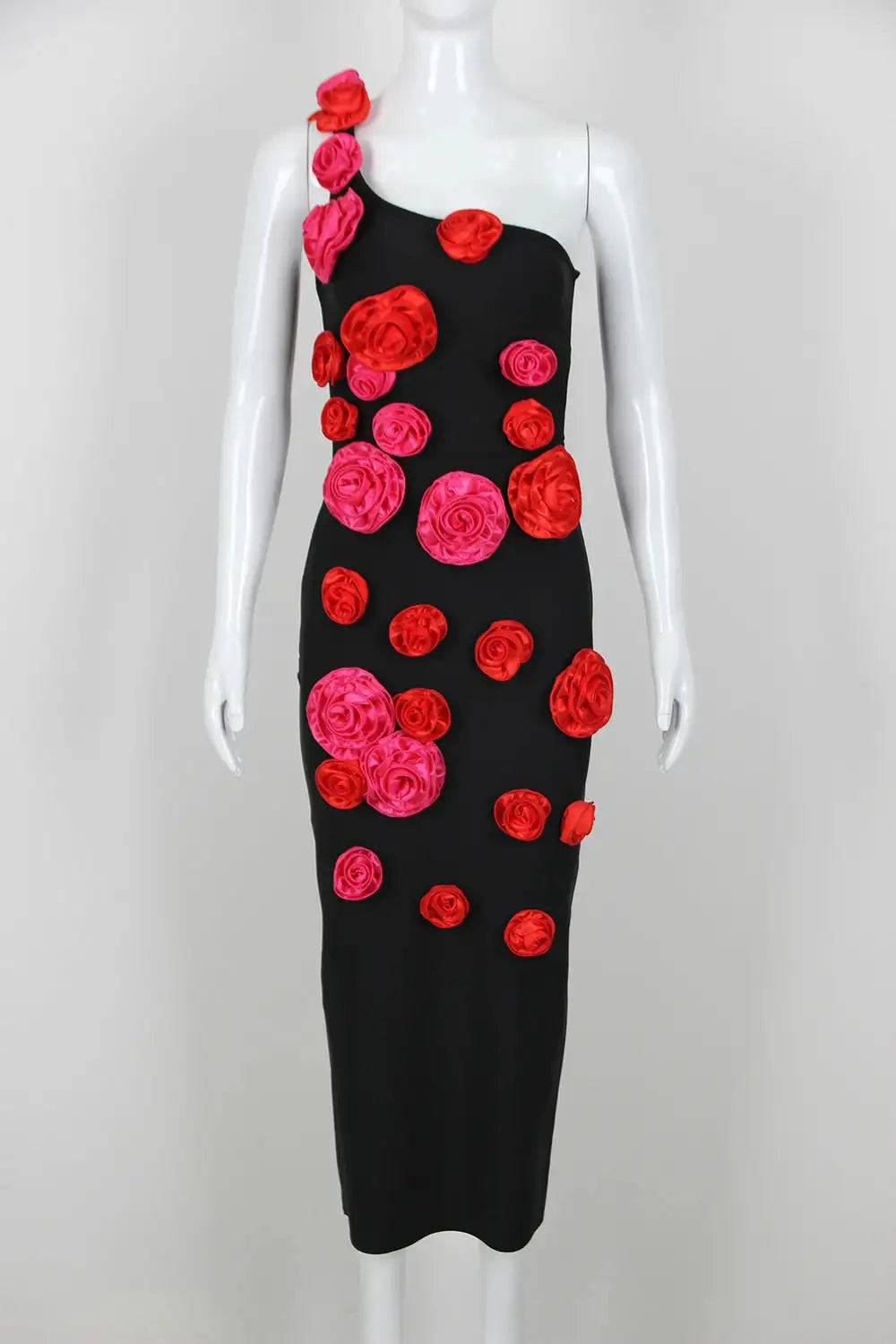 2025 New Spring Women Sexy One Shoulder Red Flowers Bodycon Bandage Long Dress Celebrate Evening Party Nightclub Dress - Lootquake