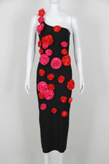 2025 New Spring Women Sexy One Shoulder Red Flowers Bodycon Bandage Long Dress Celebrate Evening Party Nightclub Dress - Lootquake