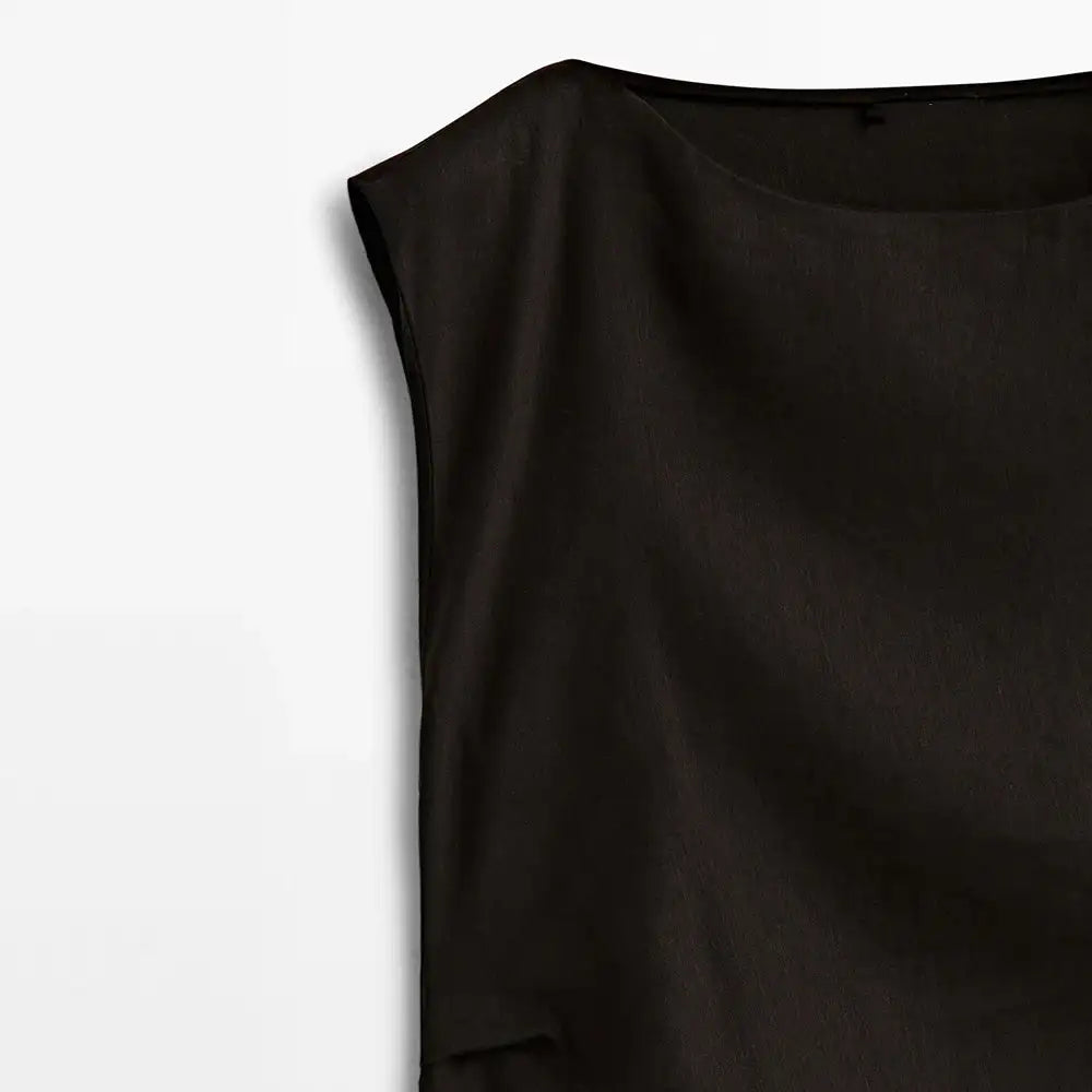 TRAF Women's Long Sleeveless Dress Black Fashion Linen Blend Shrinking Pleated Long Dress Temperament Elegant Women's Clothing - Lootquake