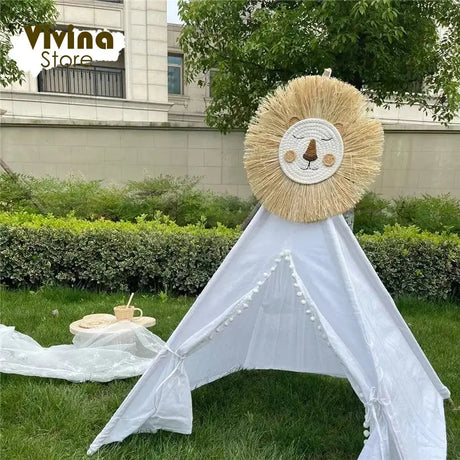 Nordic Hand Woven Lion Wall Hanging Ornaments Cartoon Animal Head Straw Weaving Children Room Wall Decor Tent Party Decoration - Lootquake