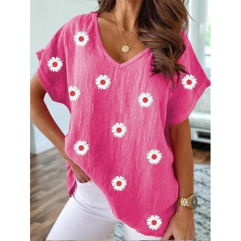 Summer Floral Flower T-shirt 3D Print Women Y2k Tops Streetwear T Shirts Harajuku Oversized Elegant V-Neck Tees Woman Clothing - Lootquake