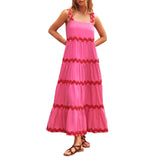Spaghetti Strap Wave Striped Long Dress Women Square Neck Chic Contrast Sleeveless Beach Dress Flowy Large Swing Maxi Dress - Lootquake