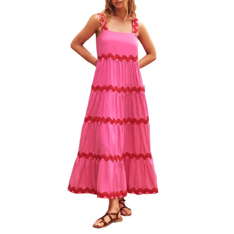 Spaghetti Strap Wave Striped Long Dress Women Square Neck Chic Contrast Sleeveless Beach Dress Flowy Large Swing Maxi Dress - Lootquake