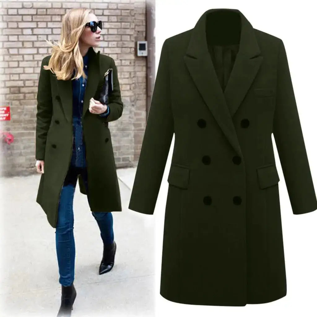 Autumn Winter Women's Woolen Jacket Long Windbreaker Double Breasted Slim Fit Coat - Lootquake