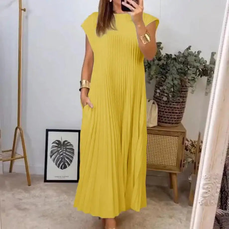 Women's Elegant And Fashionable Round Neck Sleeveless Pleated Long Dress In Solid Color Beige With Pockets, Oversized Long Skirt - Lootquake