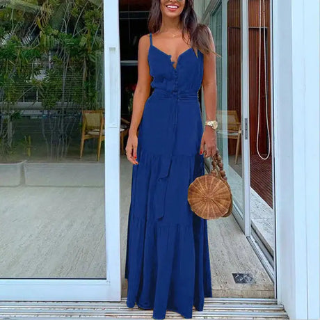 Elegant and Sexy Summer Women's V-neck Beach Dress with High Waist Waist Waist Waist Belt and Sling Long Dress for Party - Lootquake