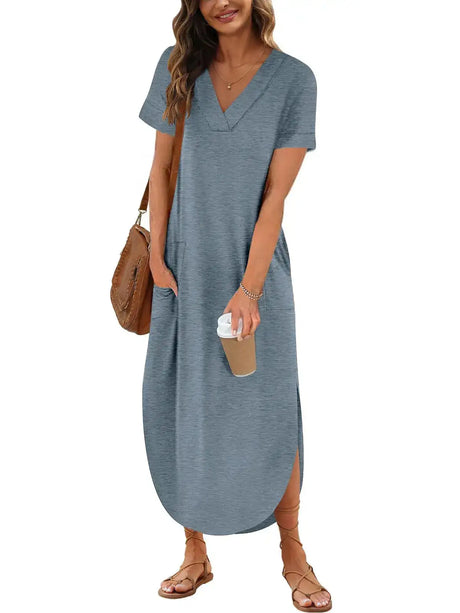 Summer New Women Elegant Solid Color Dress Short Sleeve V-Neck Cotton Linen Comfortable Loose Pocket Ladies Long Dress Vestidos - Lootquake