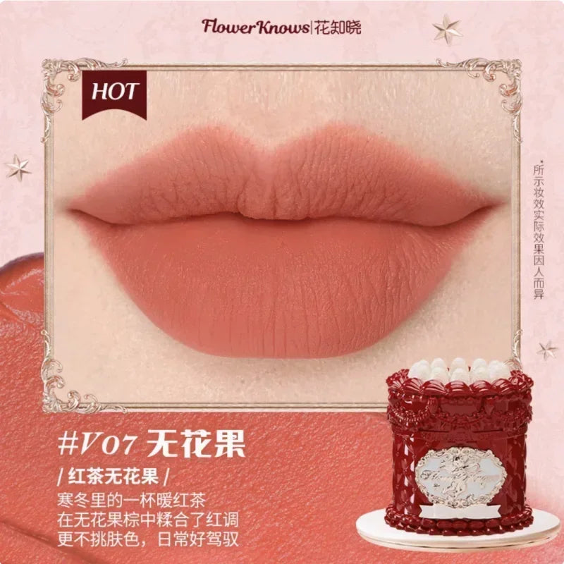 Crema labial Flower Knows Strawberry Cupid Cake, barra de labios hidratante mate, maquillaje de labios suave y sedoso, cosméticos profesionales.