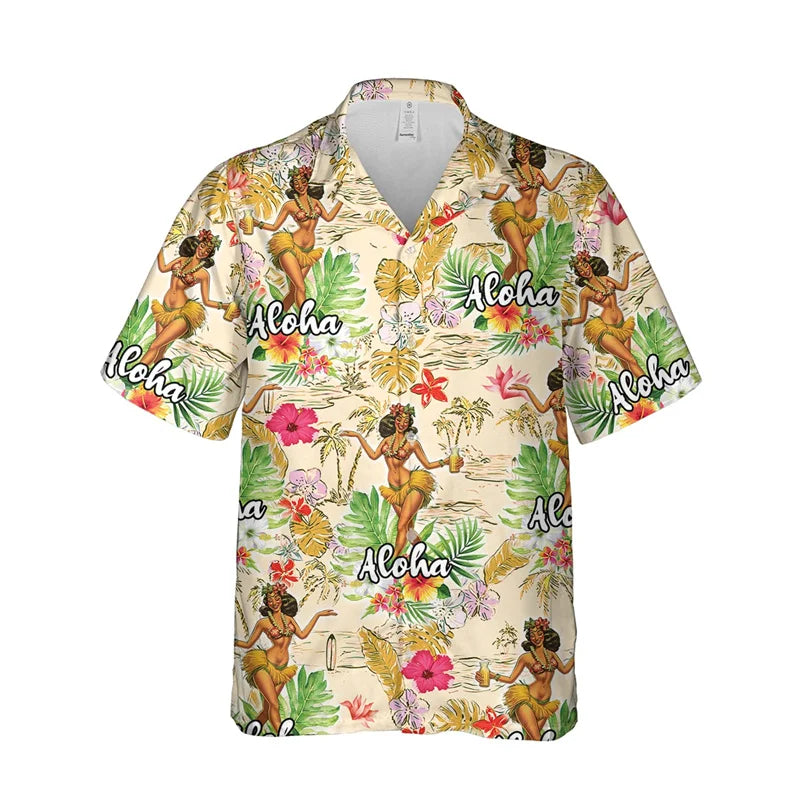 3D Print Hula Girl Graphic Beach Shirts For Men Casual Short Sleeve Hawaiian Dancer Blouses Aloha Beach Button Shirts Mens Tops - Lootquake
