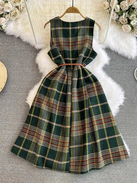 Autumn Winter Plaid Woolen Dress Women Vintage V Neck Sleeveless Long Dress With Belt Streetwear Sundress - Lootquake