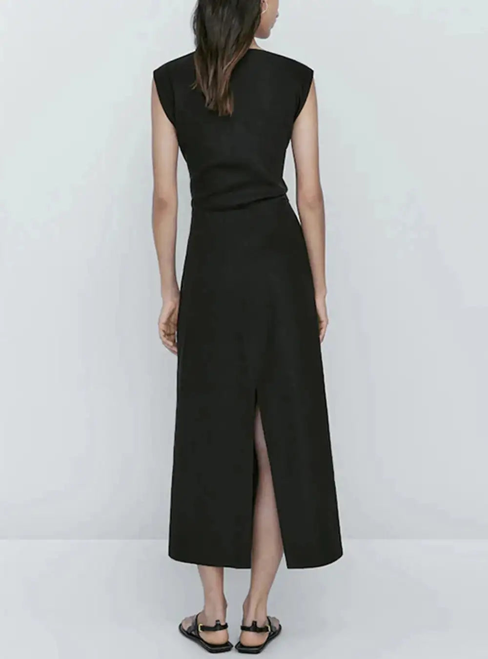TRAF Women's Long Sleeveless Dress Black Fashion Linen Blend Shrinking Pleated Long Dress Temperament Elegant Women's Clothing - Lootquake