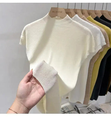 Half High Collar T-shirts Flying Sleeve Design Slim Knitted Sleeveless Top Women Simple Comfortable White T-shirts Summer 2025 - Lootquake