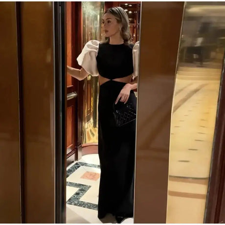 Elegant Puff Sleeve Long Dress For Women 2025 Sexy Hollow Out Waist Evening Party Dresses Female Vacation Lady Chic Beach Robe - Lootquake