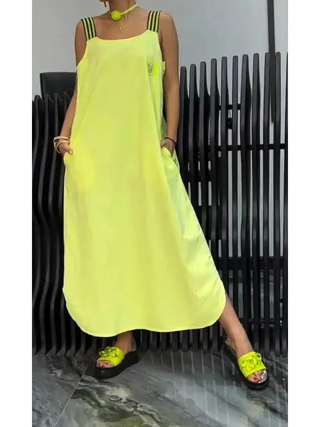 Summer Fashion Solid Cotton Linen Dresses Women Sexy Square Neck Sleeveless Suspender Slit Long Dress Casual Loose Dress Woman - Lootquake