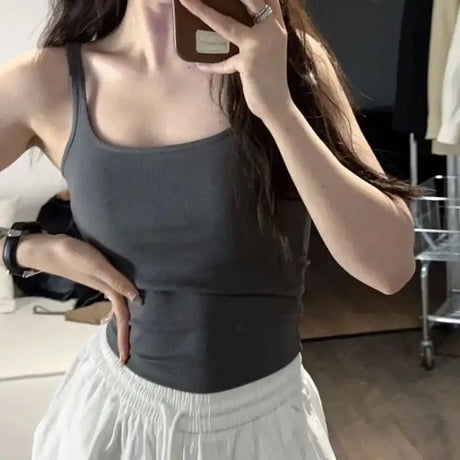 Solid All-Match Invisible Integrated Chest Pad Cami 2024 Spring New Korean Women clothes Short Sleeveless Top - Lootquake