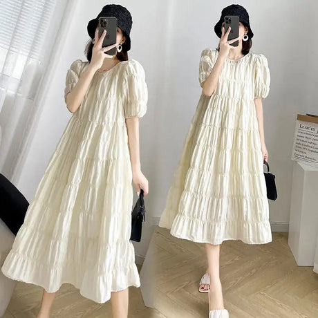 2025 Summer Maternity Pleated Dress Solid Color Loose Pregnant Woman Long Dress Short Sleeve Plus Size Pregnancy Ball Gown Dress - Lootquake