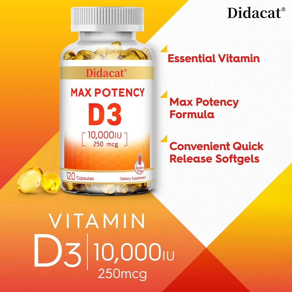 Vitamina D3 10.000 UI - Huesos fuertes, corazón y refuerzo inmunitario - Suplemento sin OMG ni gluten