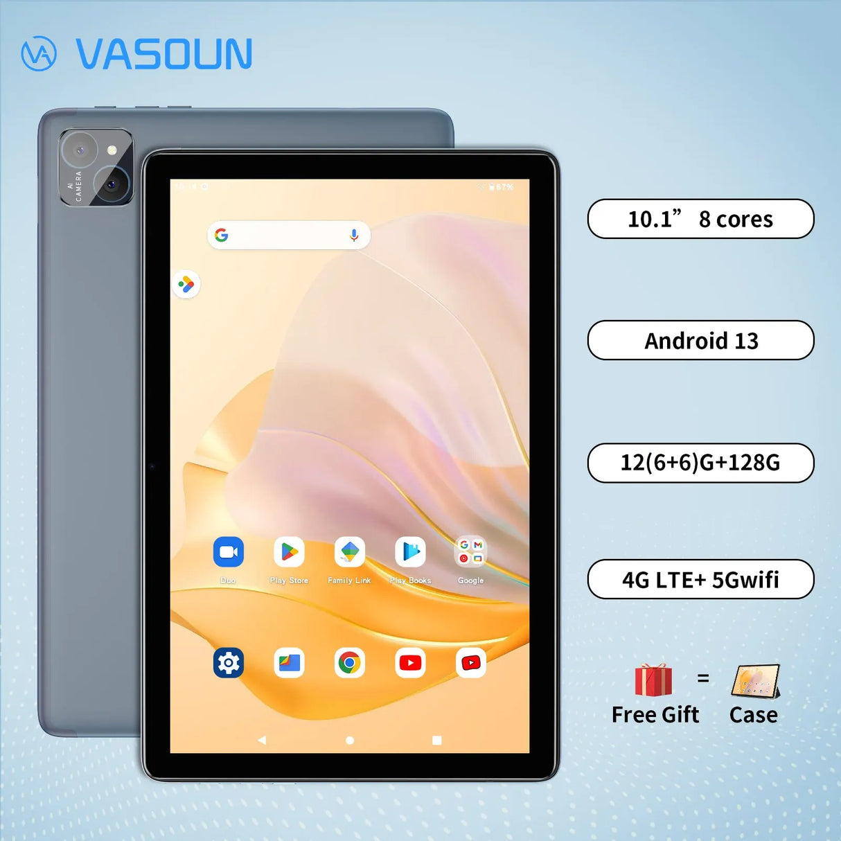 Tablette VASOUN Android 14 10,1", 12 Go (6+6 extensibles) RAM, 128 Go ROM, Octa Core, double SIM 4G débloquée avec Wi-Fi 2,4G/5G GPS