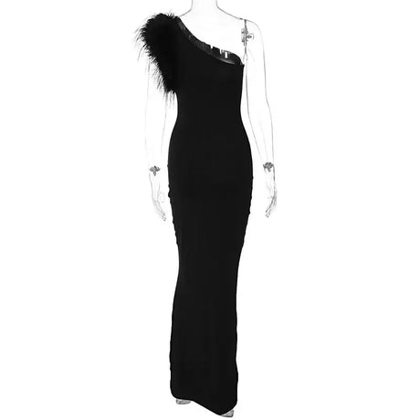 BWQ Black Sleeveless One Shoulder Feather Maxi Dress For Women Bodycon Sexy Party Elegant Long Dress Birthday Evening Outfit - Lootquake