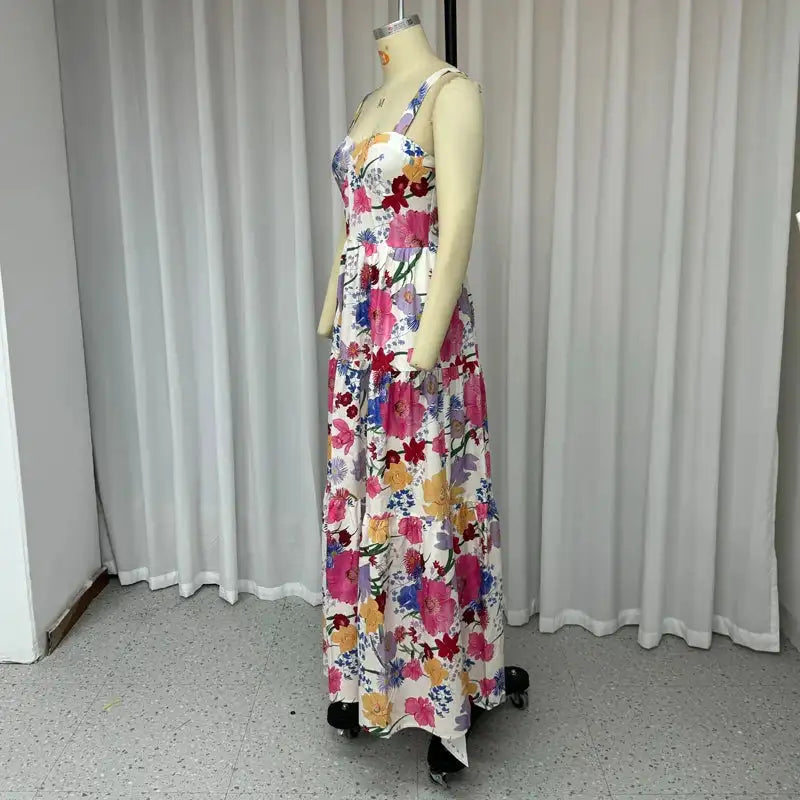 Ellafads Long Dress Women Summer Sweet Elegant Suspender Sleeveless Multicolor Printed Nipped Waist Evening Party Long Dresses - Lootquake