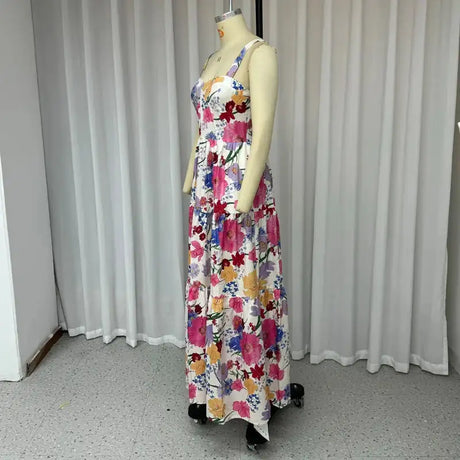 Ellafads Long Dress Women Summer Sweet Elegant Suspender Sleeveless Multicolor Printed Nipped Waist Evening Party Long Dresses - Lootquake