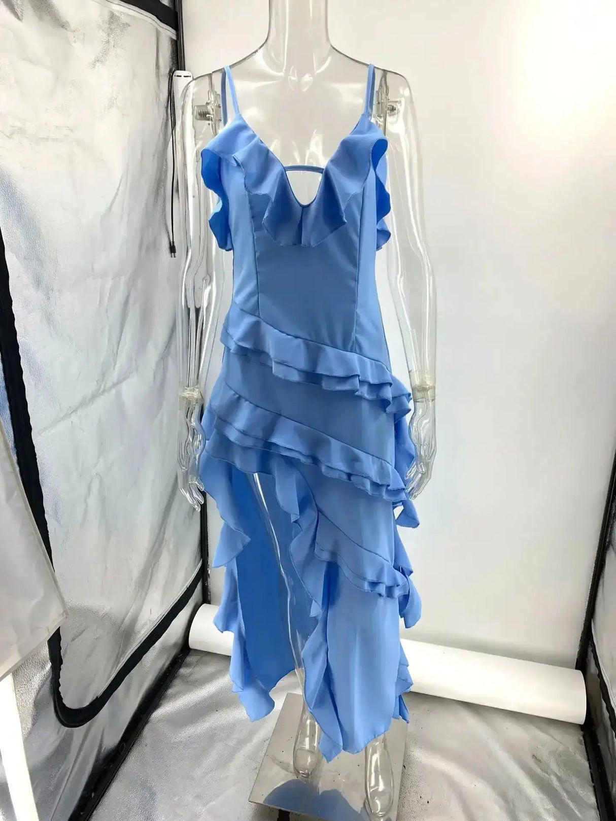 2025 Summer Women Long Dress Blue Solid V-neck Backless Irregular Sexy Slip Dresses Female Fashion Holiday Beach Clothes Ladies - Lootquake