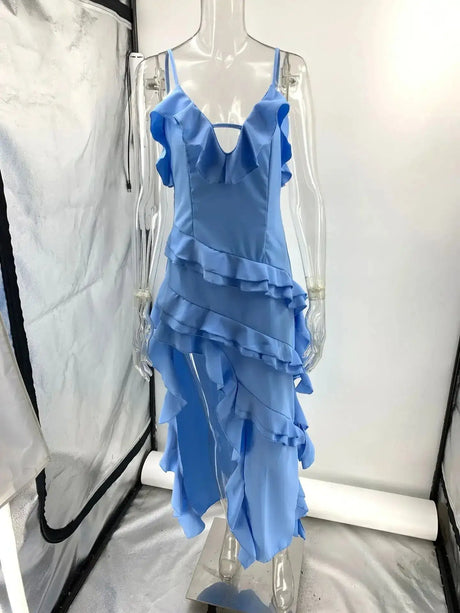 2025 Summer Women Long Dress Blue Solid V-neck Backless Irregular Sexy Slip Dresses Female Fashion Holiday Beach Clothes Ladies - Lootquake