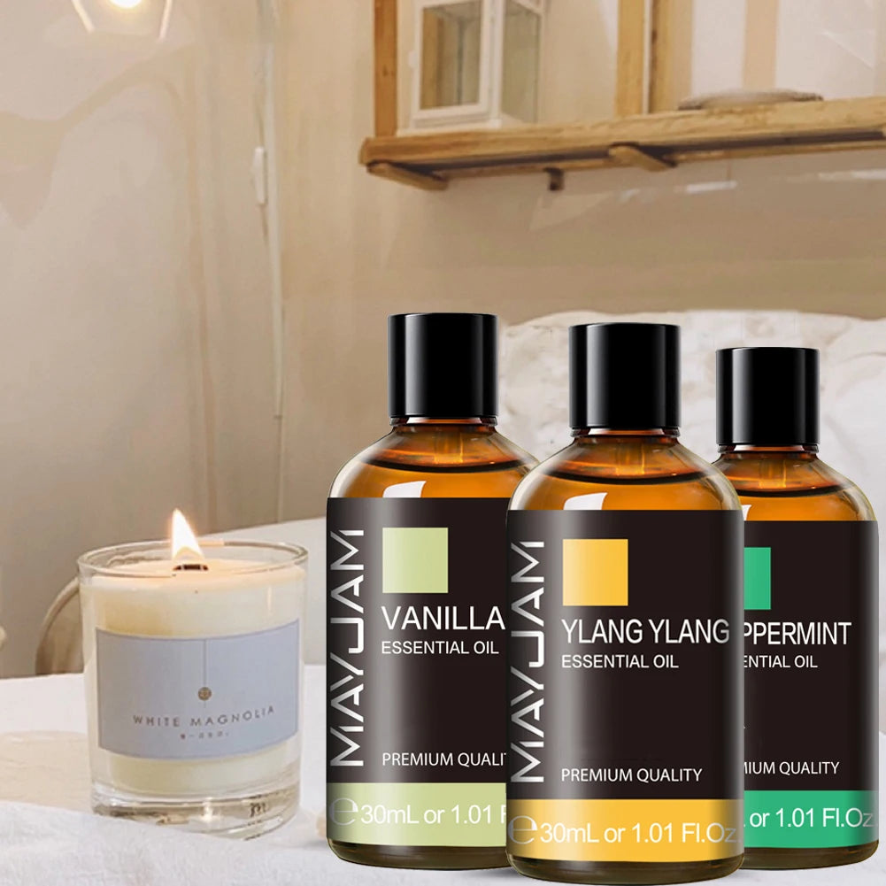 MAYJAM 1PCS 30ML Huile Essentielle d'Aromathérapie Lavande Vanille Jasmin Eucalyptus Menthe Poivrée Huile Aromatique pour Diffuseur Bougie Savon