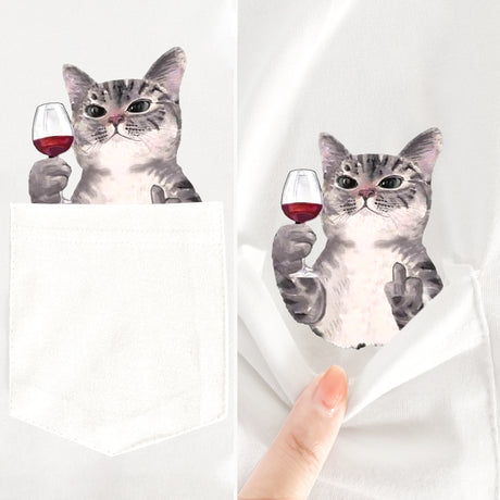 CLOOCL Cotton T-Shirt Red Wine Cat Middle Finger Pattern Printed T-shirt Men's for Women Shirts Casual Pocket Tops Cotton Tees - Lootquake