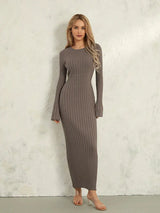 Women Spring Autumn Lace-up Knit Dress Elegant Long Sleeve Crew Neck Ribbed Solid Color Long Dress Streetwear - Lootquake