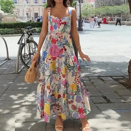 Ellafads Long Dress Women Summer Sweet Elegant Suspender Sleeveless Multicolor Printed Nipped Waist Evening Party Long Dresses - Lootquake