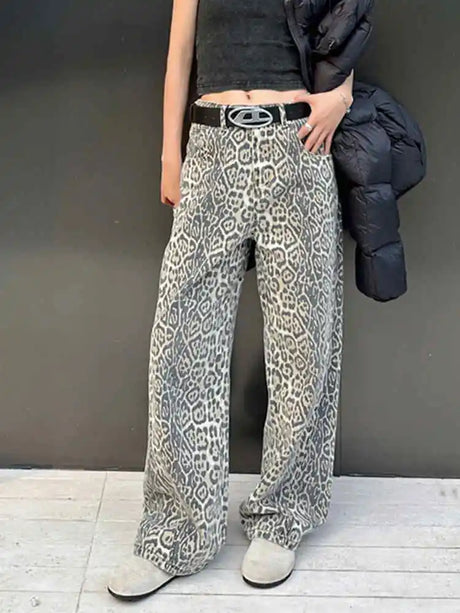 Y2k Vintage Leopard Print Loose Women Jeans Autumn New Classic Straight High Waist Slim Casual Fashion Female Jeans 2024 New - Lootquake
