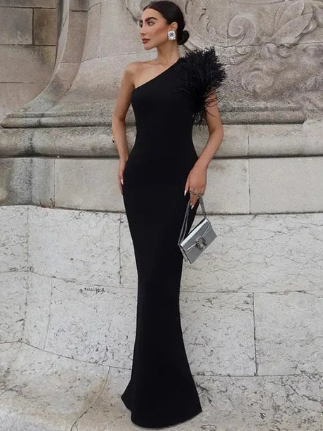 BWQ Black Sleeveless One Shoulder Feather Maxi Dress For Women Bodycon Sexy Party Elegant Long Dress Birthday Evening Outfit - Lootquake