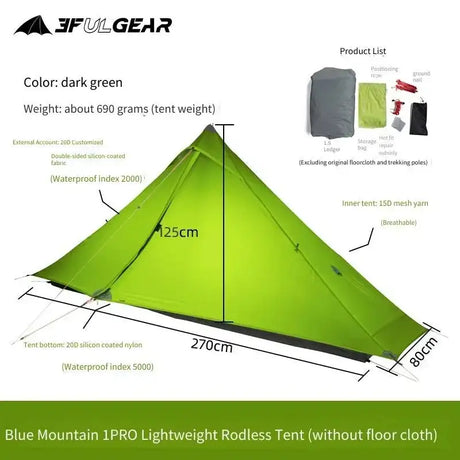 [HODR] 3F UL GEAR Lanshan 1 pro Tipi Tent Rodless Solo Ultralight 690g 20D Nylon Fabric Camping Season Tent Trekking Tents - Lootquake