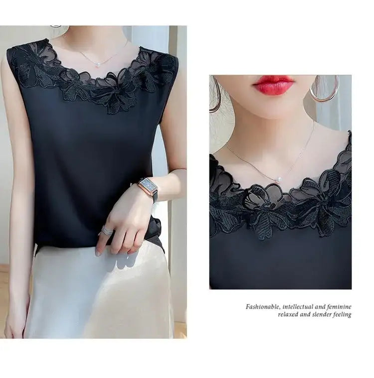 Nueva ropa de mujer, chaleco, camiseta sin mangas, traje de mujer, forro de encaje, verano 2024, nuevo top sin mangas de satén de seda, chalecos con tirantes