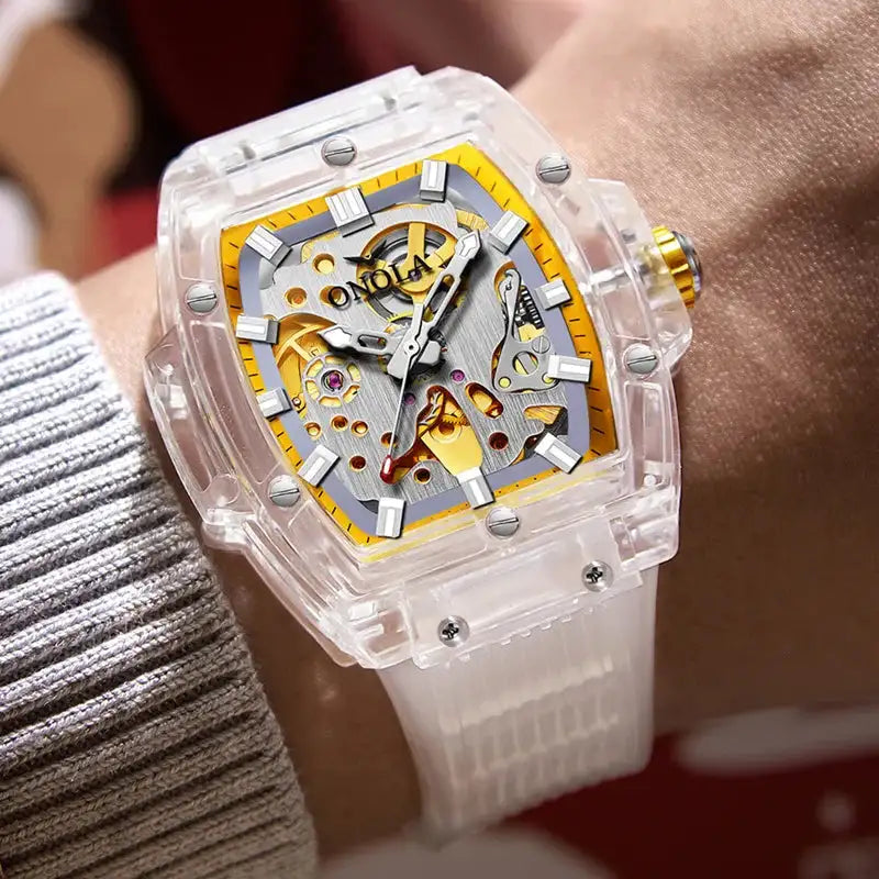 Luxury men's watch onola plastic transparent hollow full automatic mechanical watches men waterproof clock - Lootquake