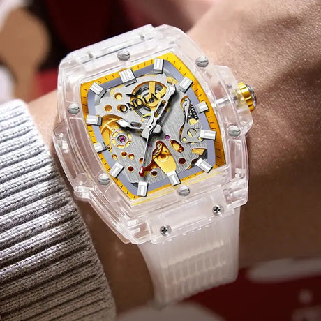 Luxury men's watch onola plastic transparent hollow full automatic mechanical watches men waterproof clock - Lootquake