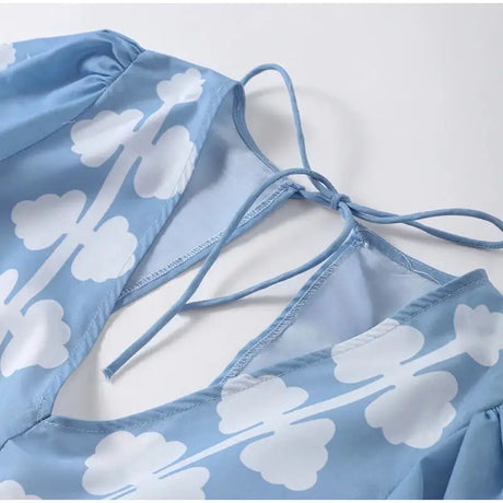Elegant Print Half Puff Sleeve Dresses Women Loose V-neck Lace Up Backless Long Dress 2024 Summer New Ladies Chic Beach Robes - Lootquake