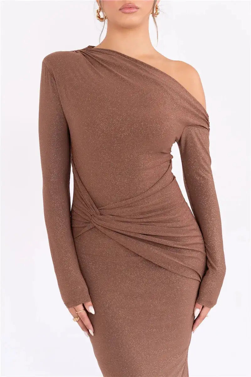 Mozision Sparkle Long Sleeve Sexy Maxi Dress For Women Inclined Shoulder Backless Bodycon Ruched Club Party Sexy Long Dress - Lootquake